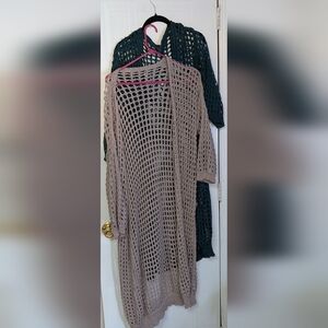 Set Of 2 Elegant Open-Knit Sweater Green Tan Crochet Lace Long Cardigan